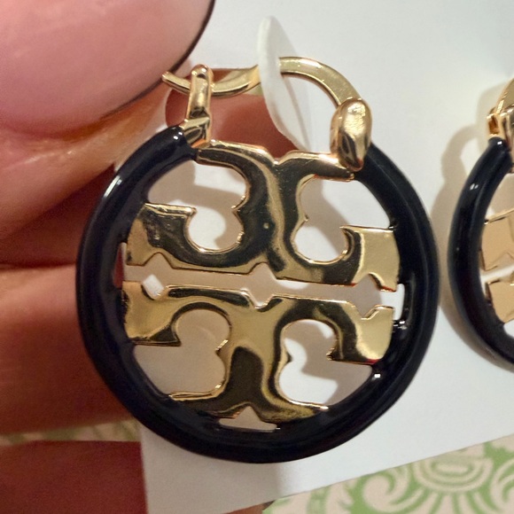 Tory Burch Miller Small Hoop Earrings Black Ename - Picture 3 of 7